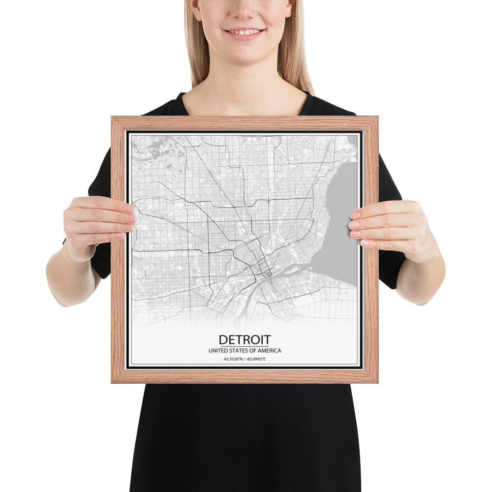 Detroit White Framed Map