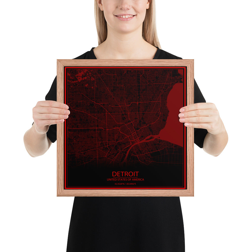 Detroit Black and Red Framed Map