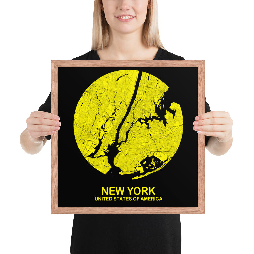 New York Circular Yellow Framed Map