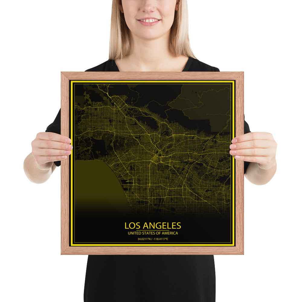 Los Angeles Black and Yellow Framed Map