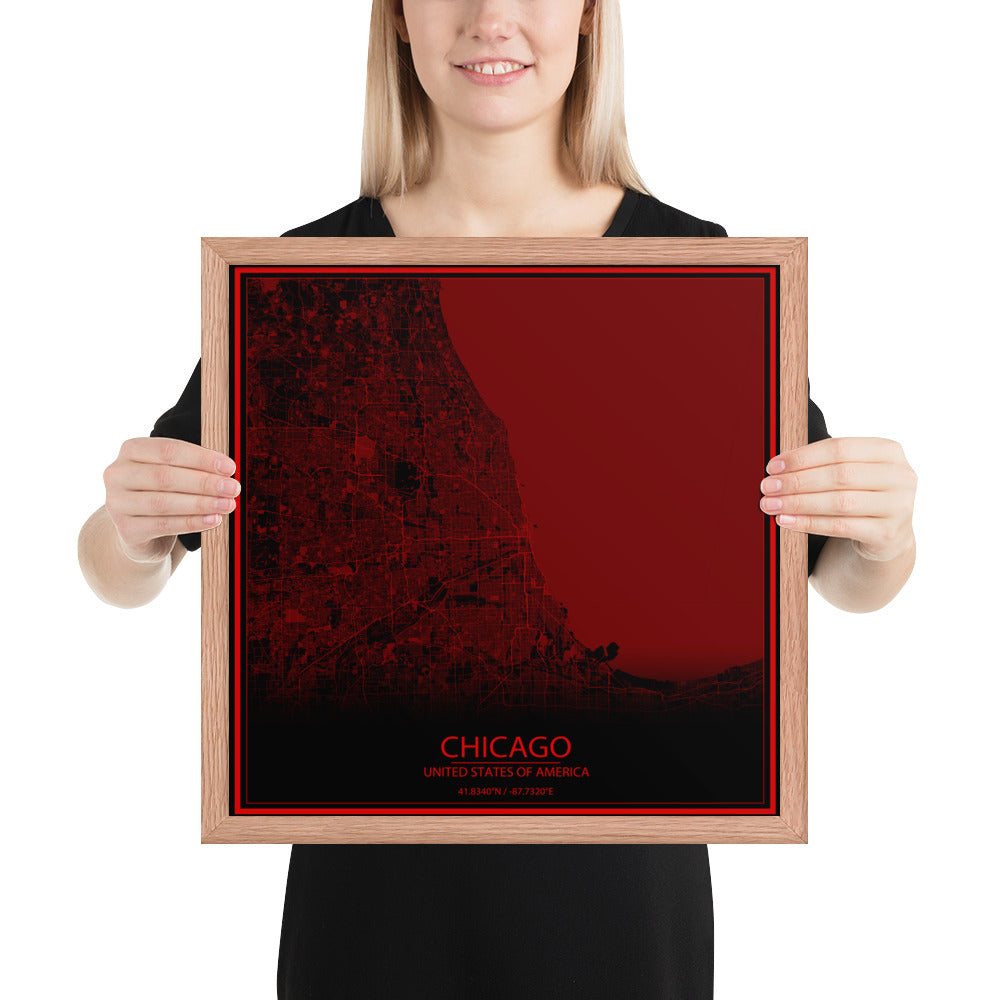 Chicago Black and Red Framed Map