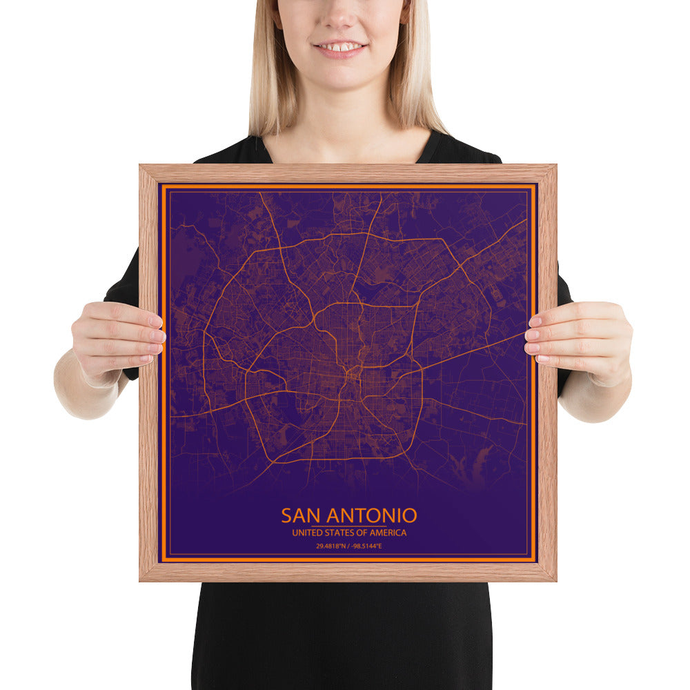 San Antonio Purple and Orange Framed Map