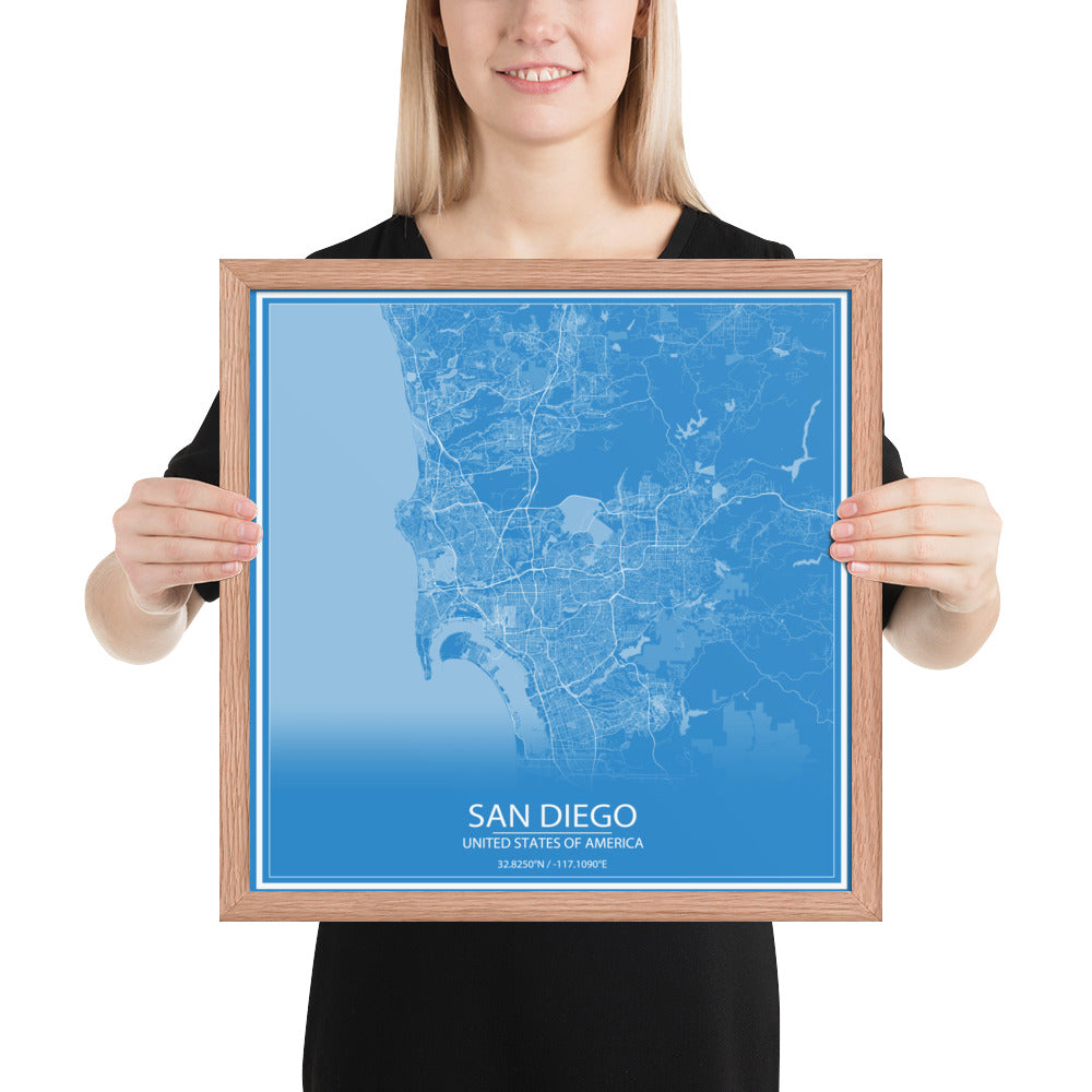 San Diego Blue and White Framed Map
