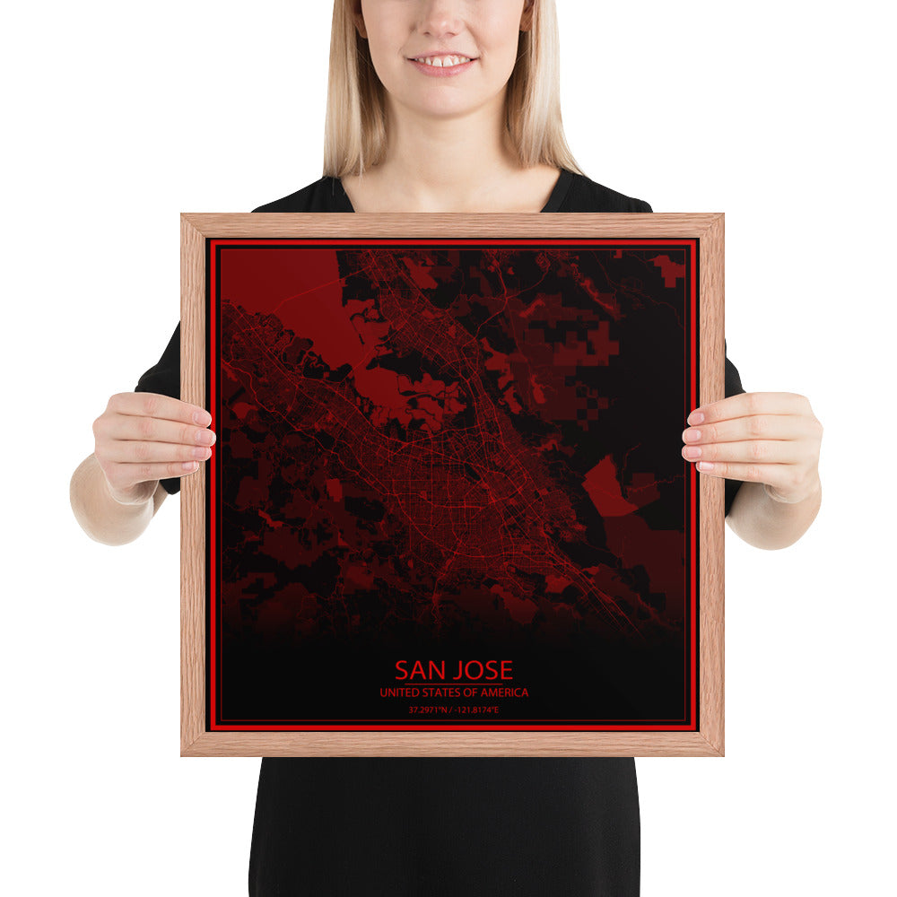 San Jose Black and Red Framed Map