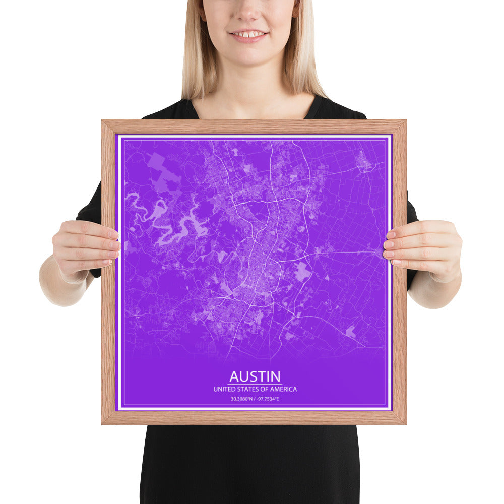 Austin Purple and White Framed Map