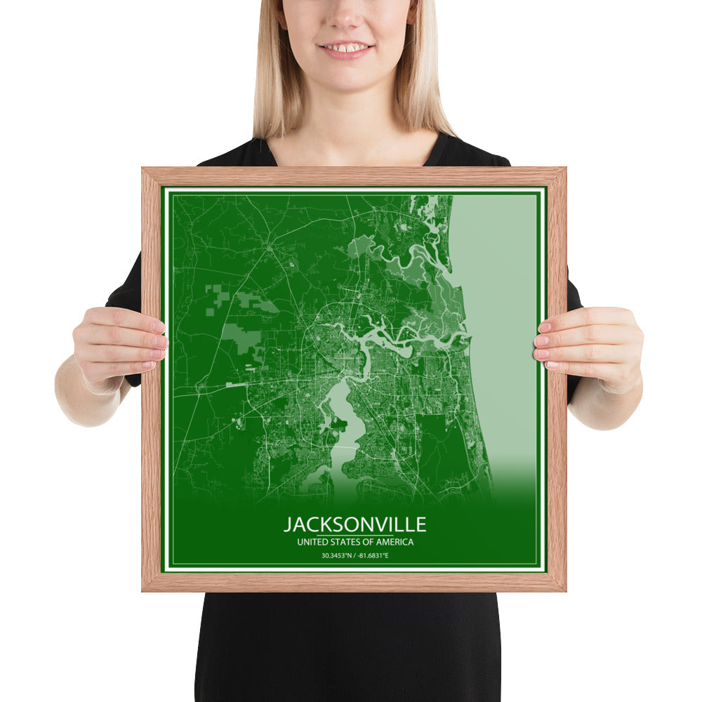 Jacksonville Green and White Framed Map