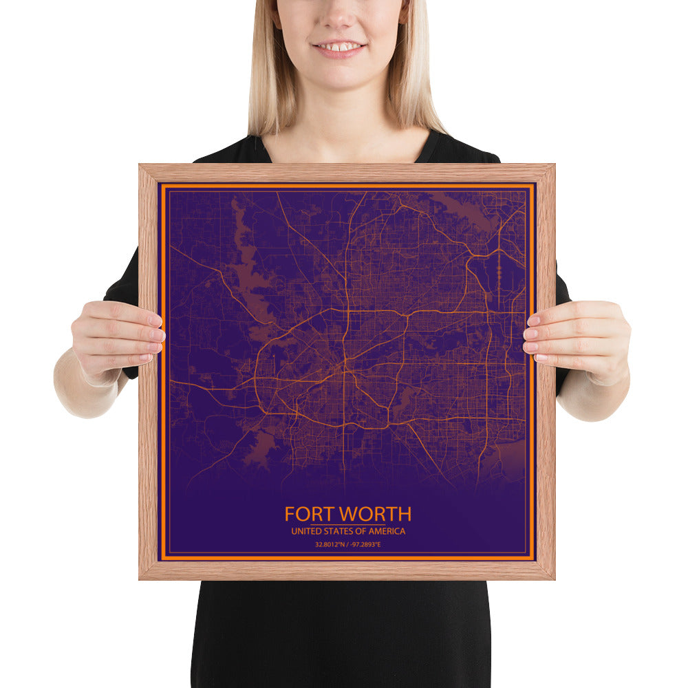 Fort Worth Purple and Orange Framed Map