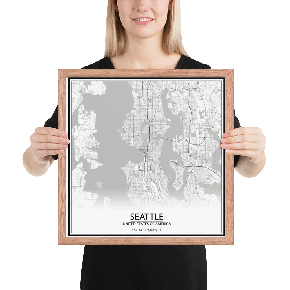 Seattle White Framed Map