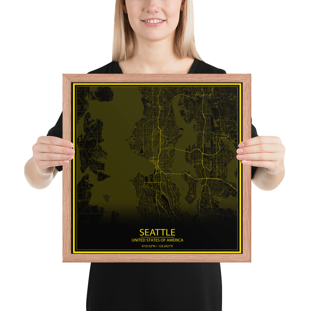 Seattle Black and Yellow Framed Map