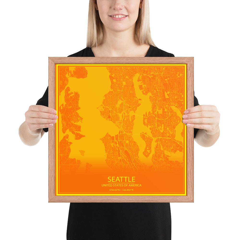 Seattle Orange and Yellow Framed Map