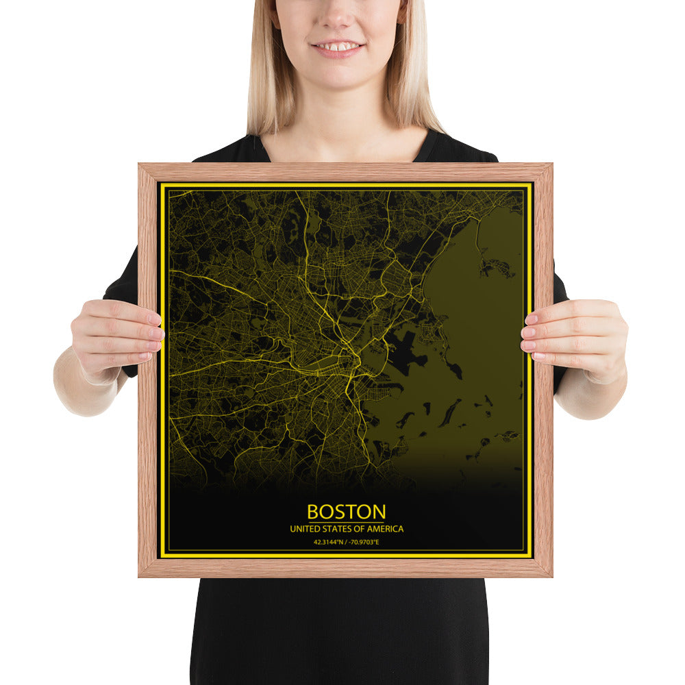 Boston Black and Yellow Framed Map