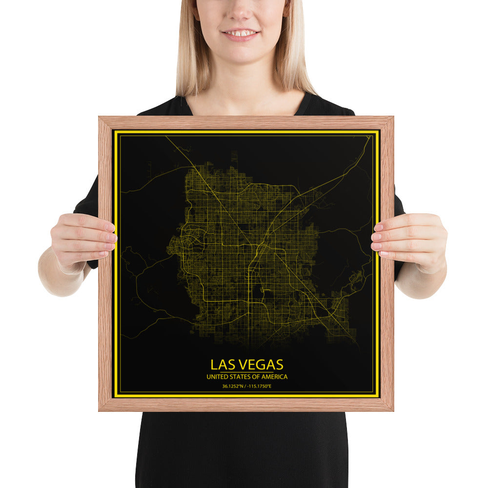 Las Vegas Black and Yellow Framed Map