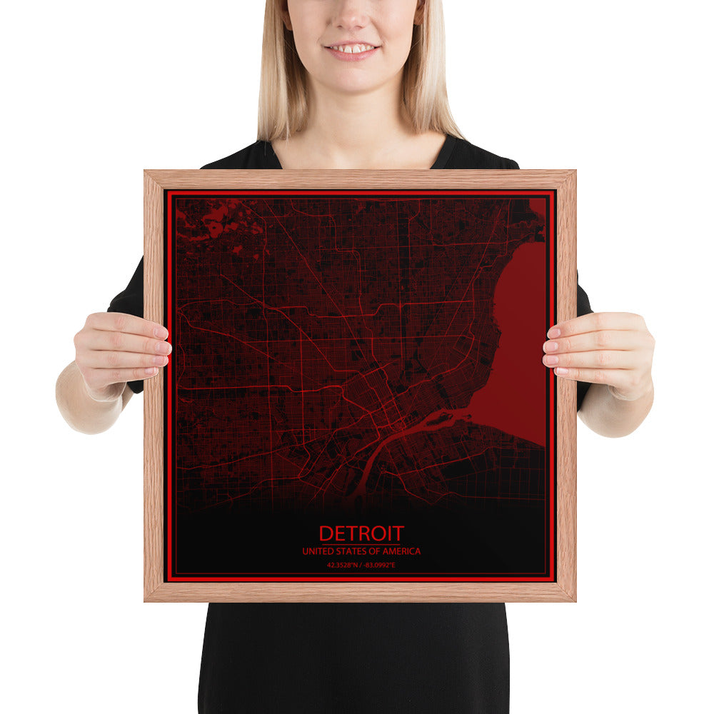 Detroit Black and Red Framed Map