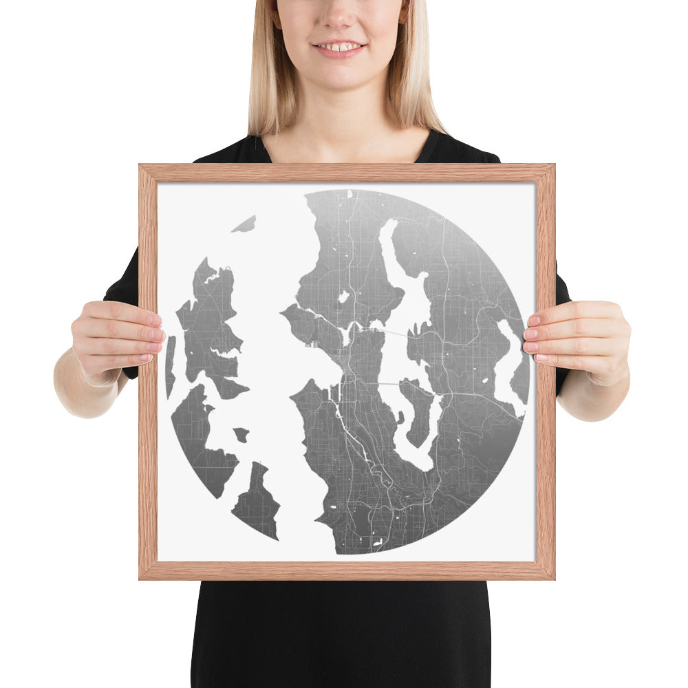 Seattle Silver on White Framed Map
