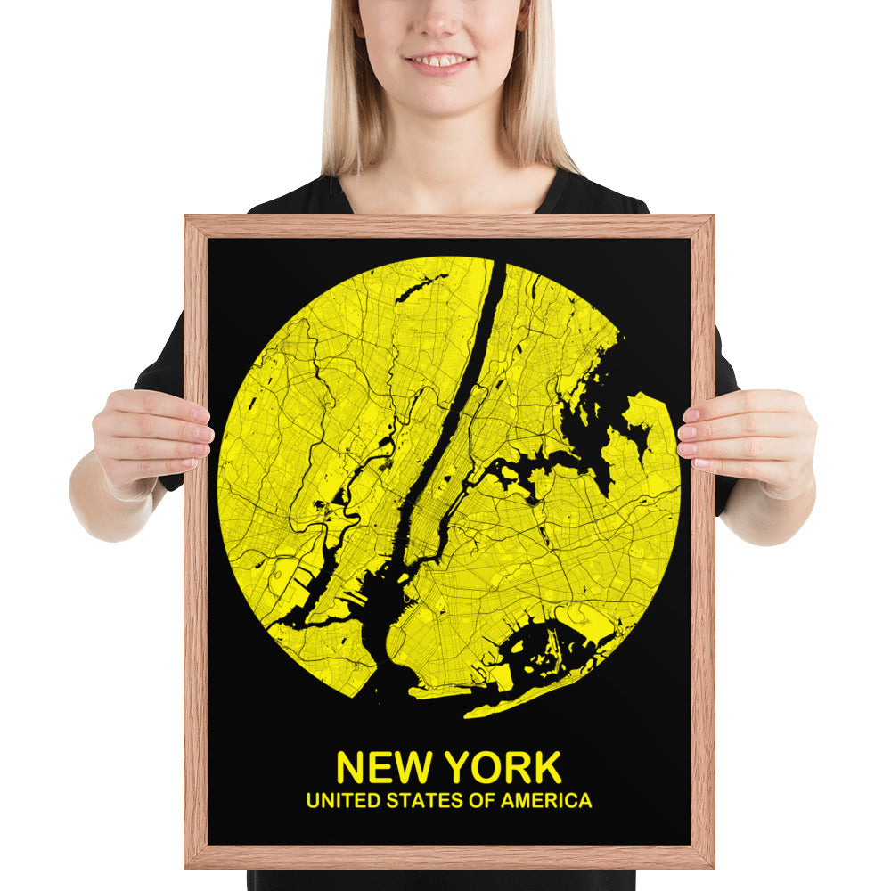 New York Circular Yellow Framed Map