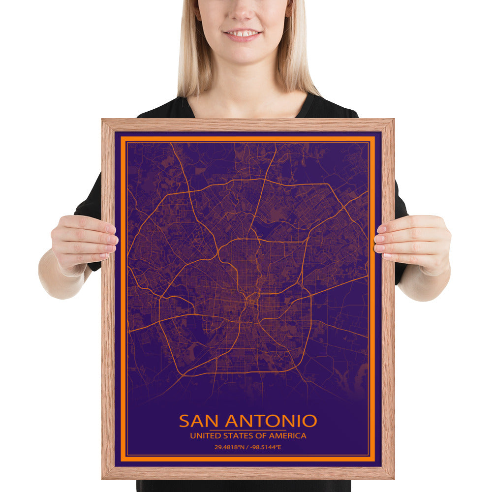 San Antonio Purple and Orange Framed Map