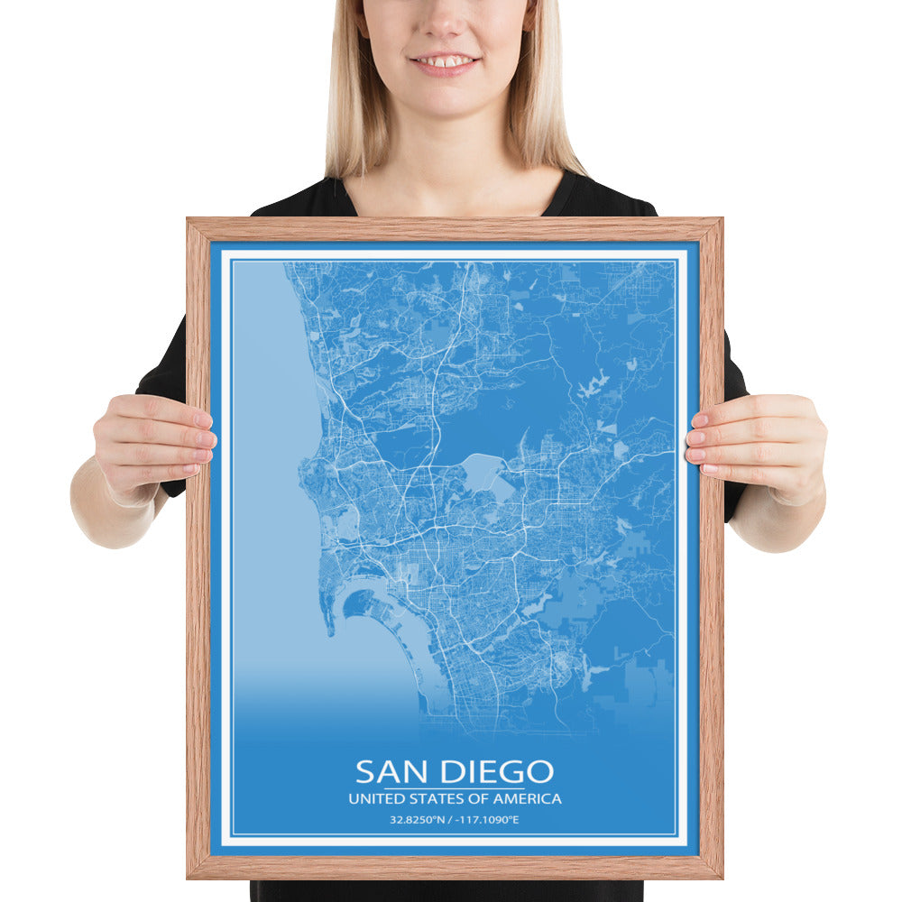 San Diego Blue and White Framed Map