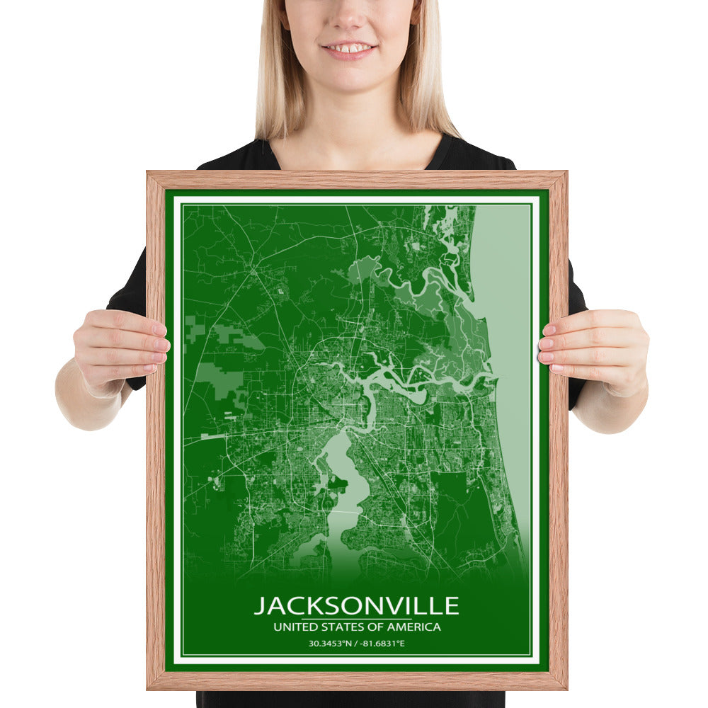 Jacksonville Green and White Framed Map