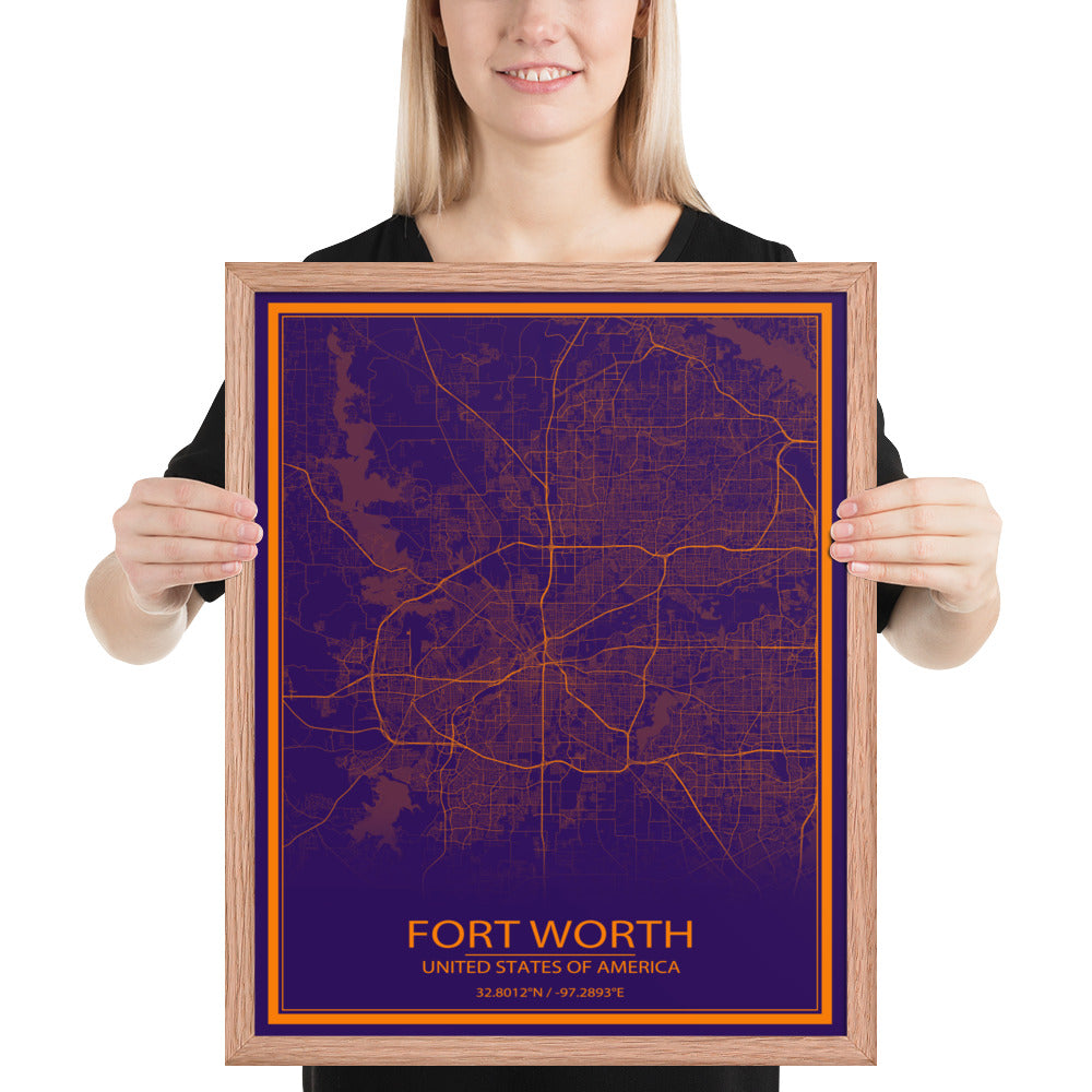 Fort Worth Purple and Orange Framed Map