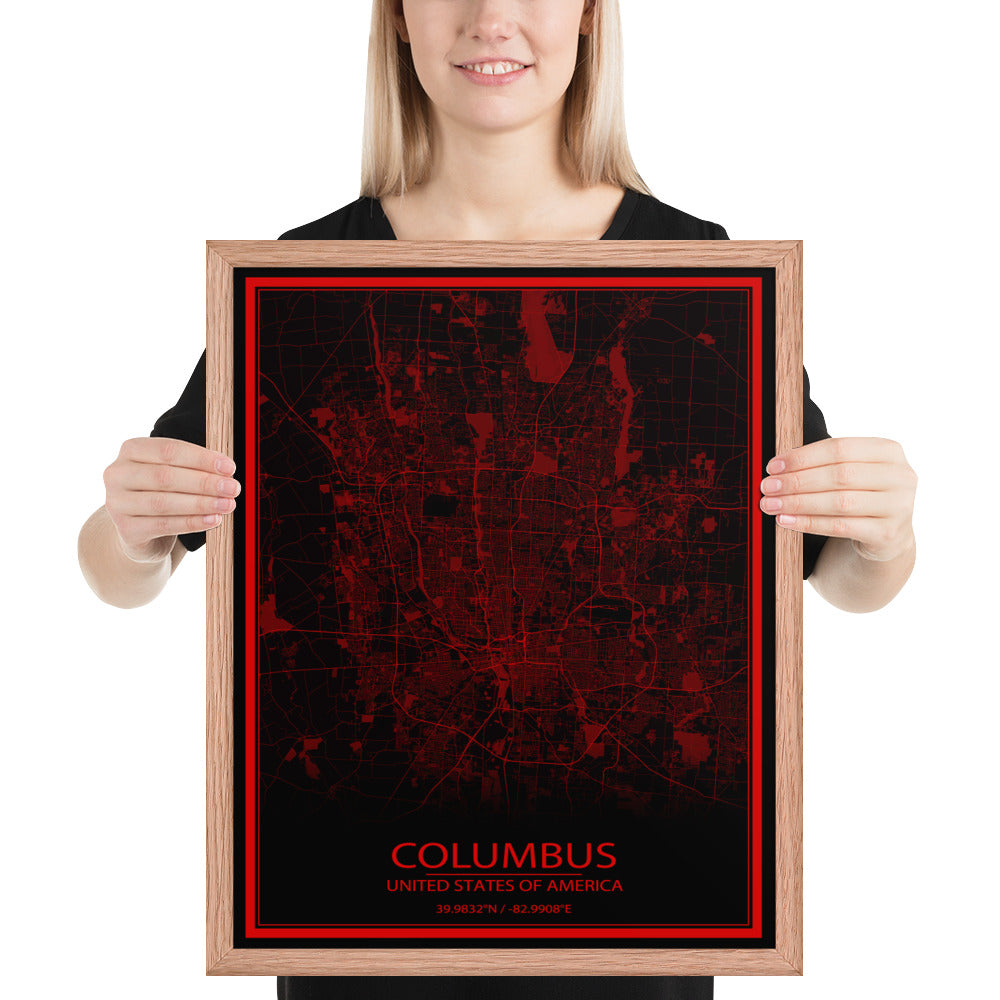 Columbus Black and Red Framed Map