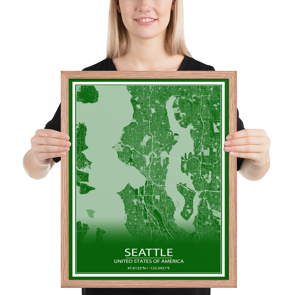 Seattle Green and White Framed Map