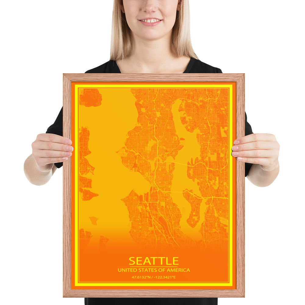 Seattle Orange and Yellow Framed Map