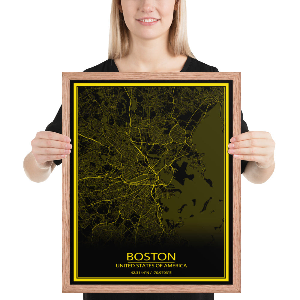 Boston Black and Yellow Framed Map
