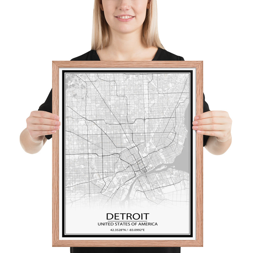 Detroit White Framed Map