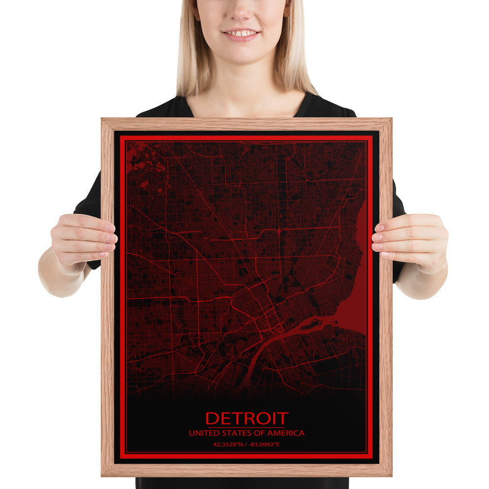 Detroit Black and Red Framed Map