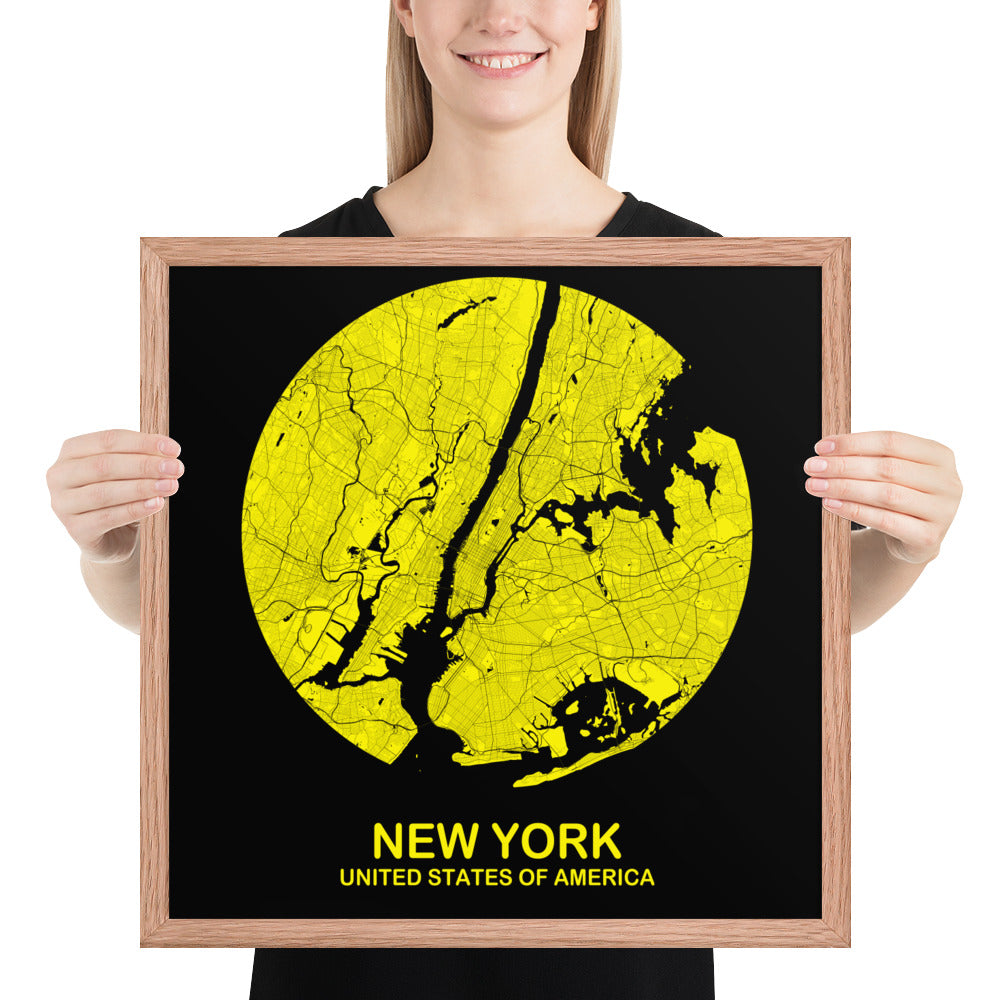 New York Circular Yellow Framed Map
