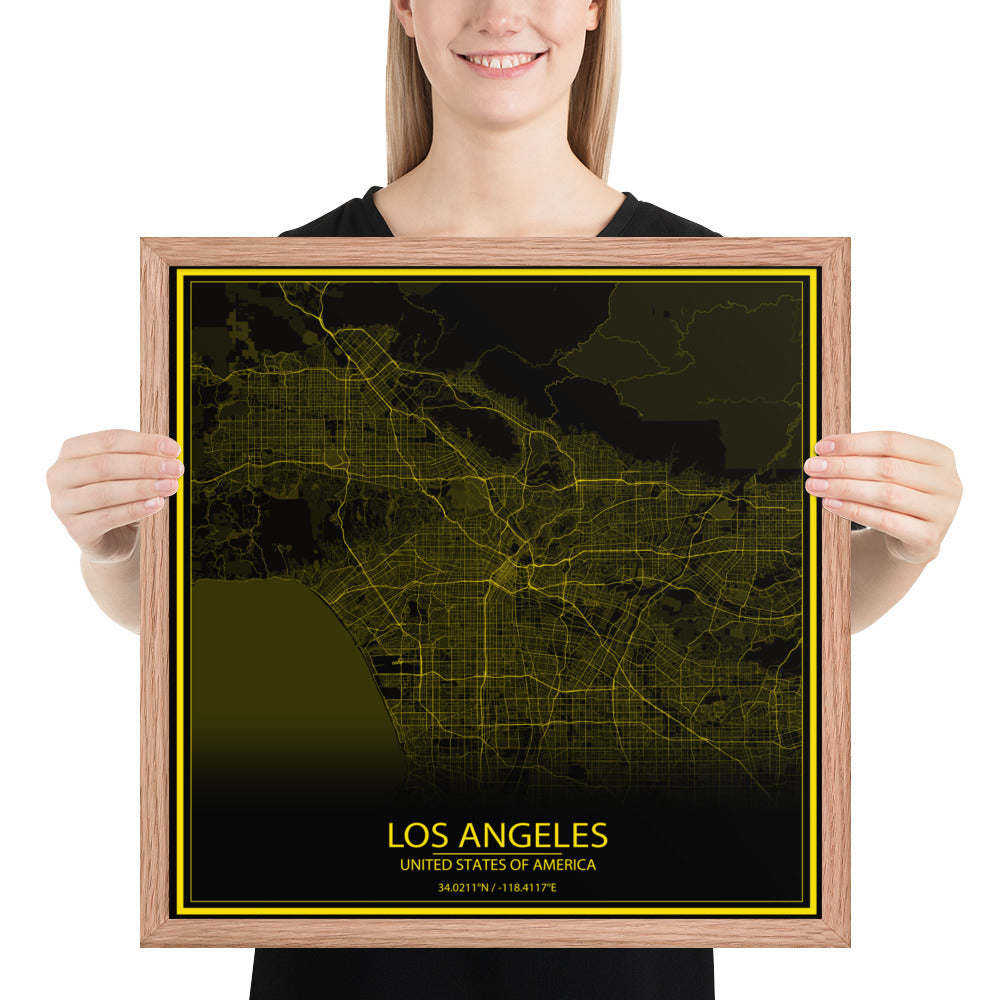 Los Angeles Black and Yellow Framed Map