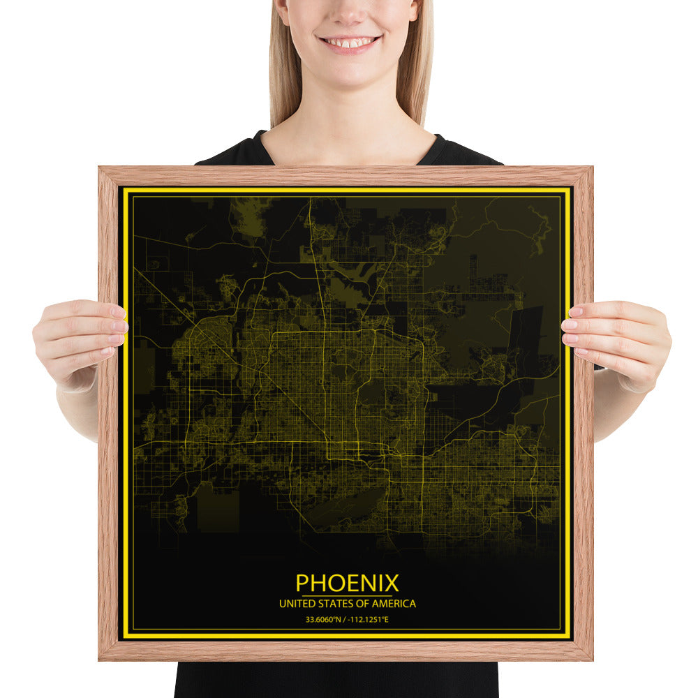 Phoenix Black and Yellow Framed Map