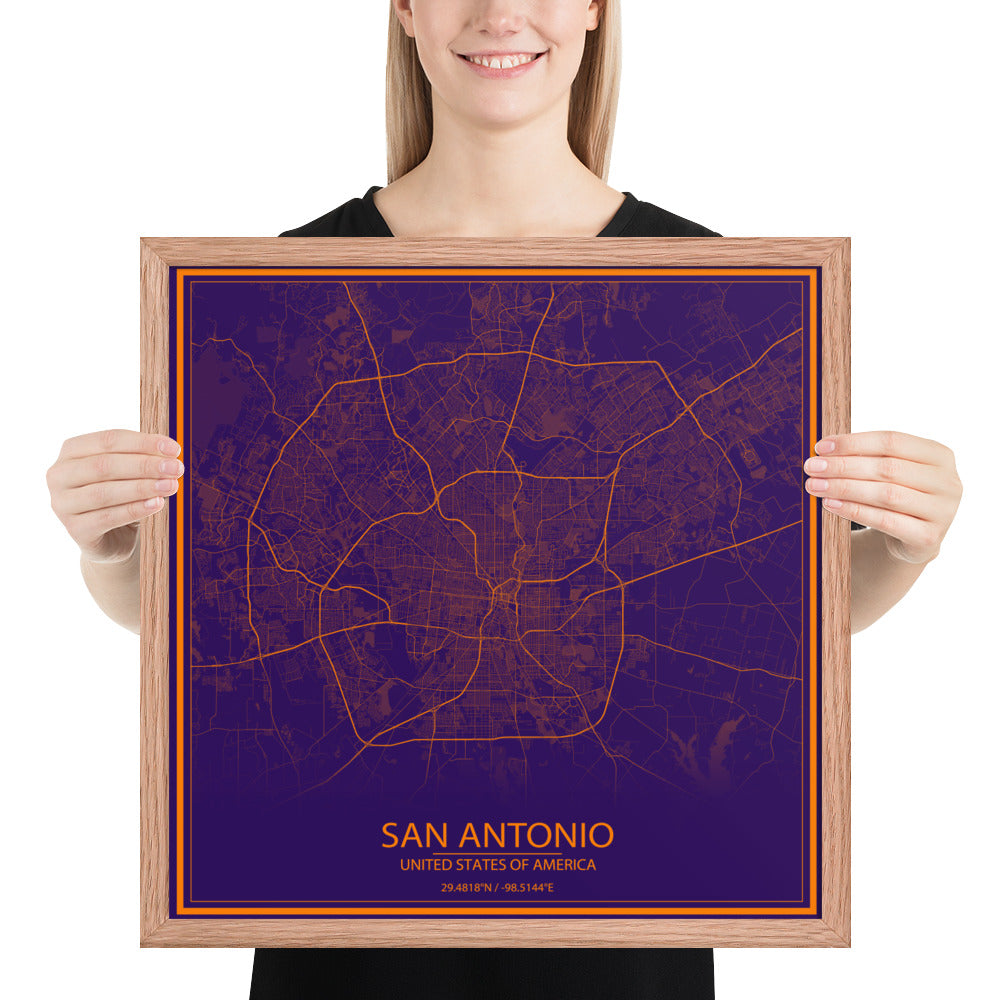 San Antonio Purple and Orange Framed Map