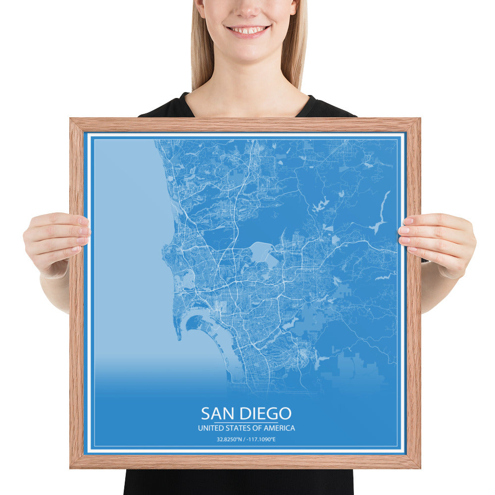 San Diego Blue and White Framed Map