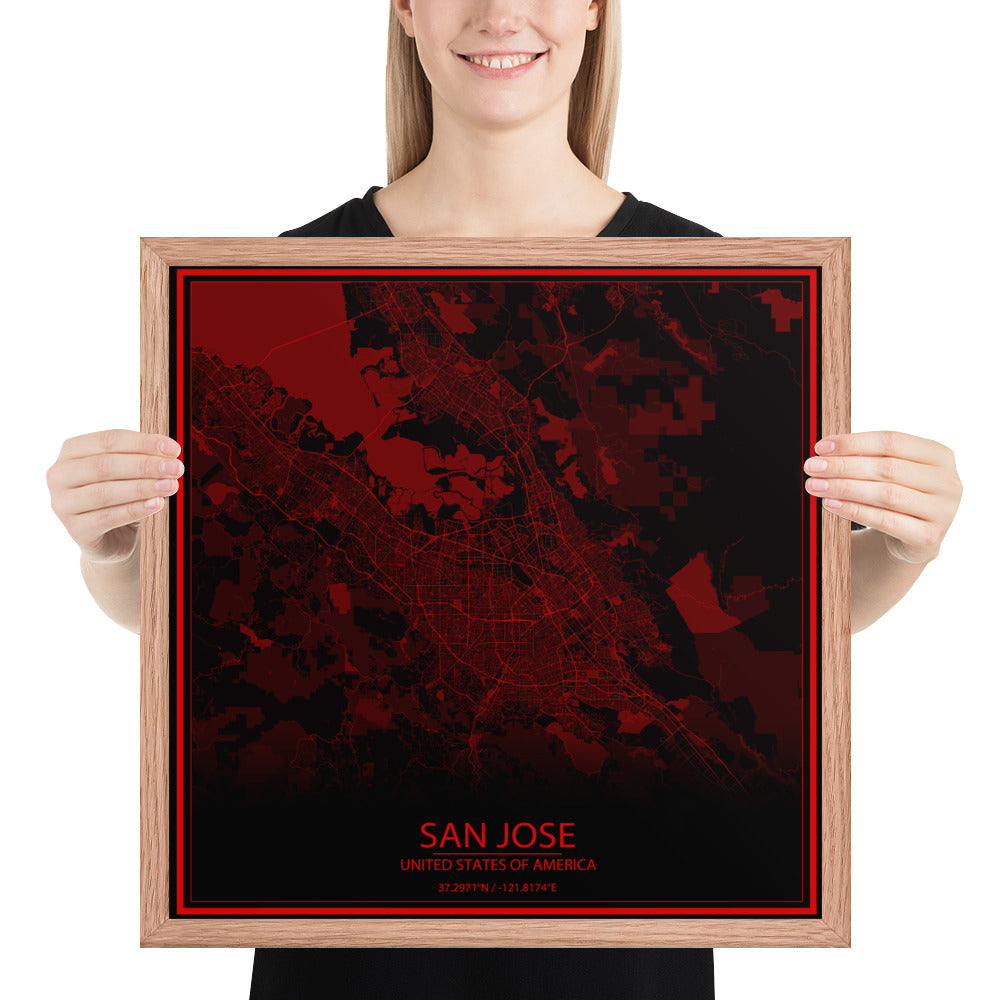 San Jose Black and Red Framed Map
