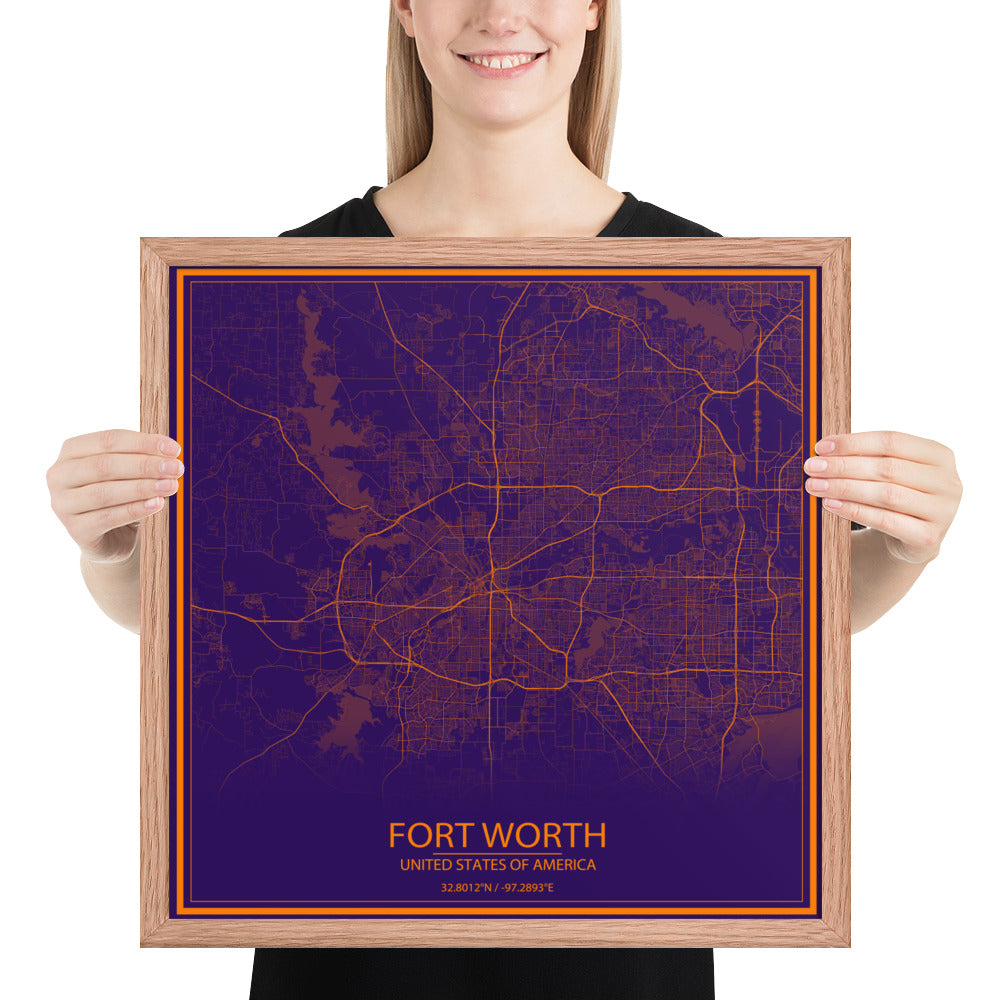 Fort Worth Purple and Orange Framed Map