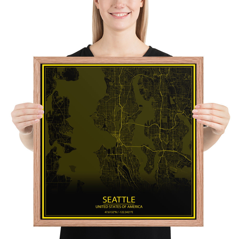 Seattle Black and Yellow Framed Map