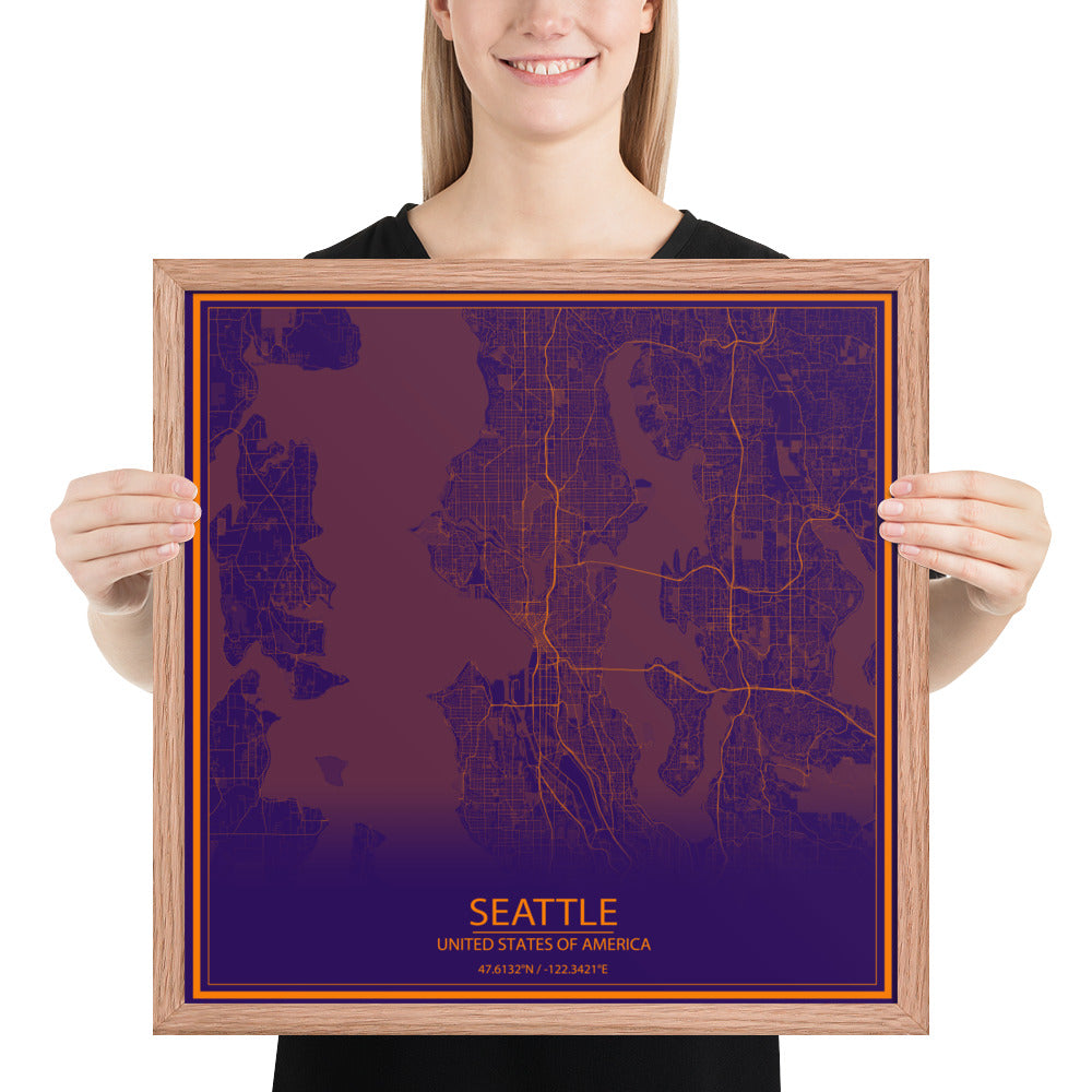Seattle Purple and Orange Framed Map