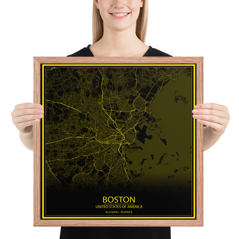 Boston Black and Yellow Framed Map