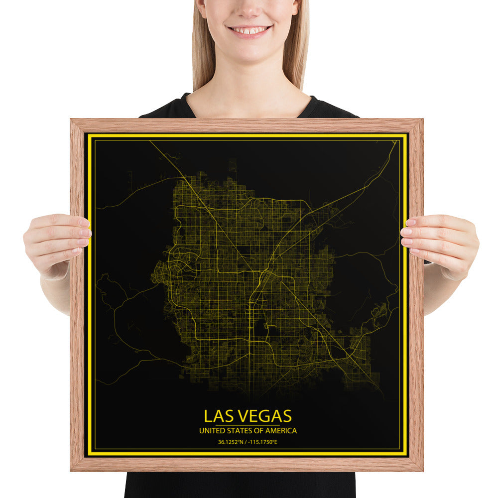 Las Vegas Black and Yellow Framed Map