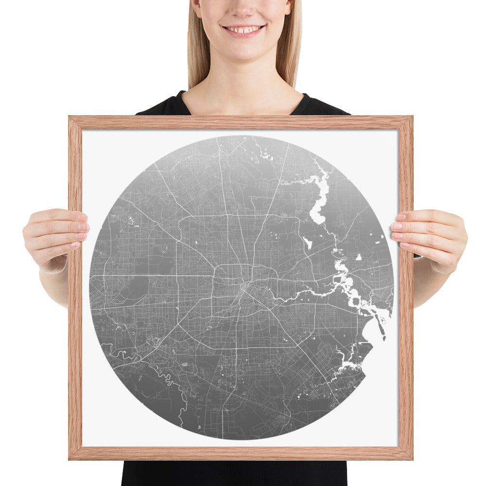 Houston Silver on White Framed Map
