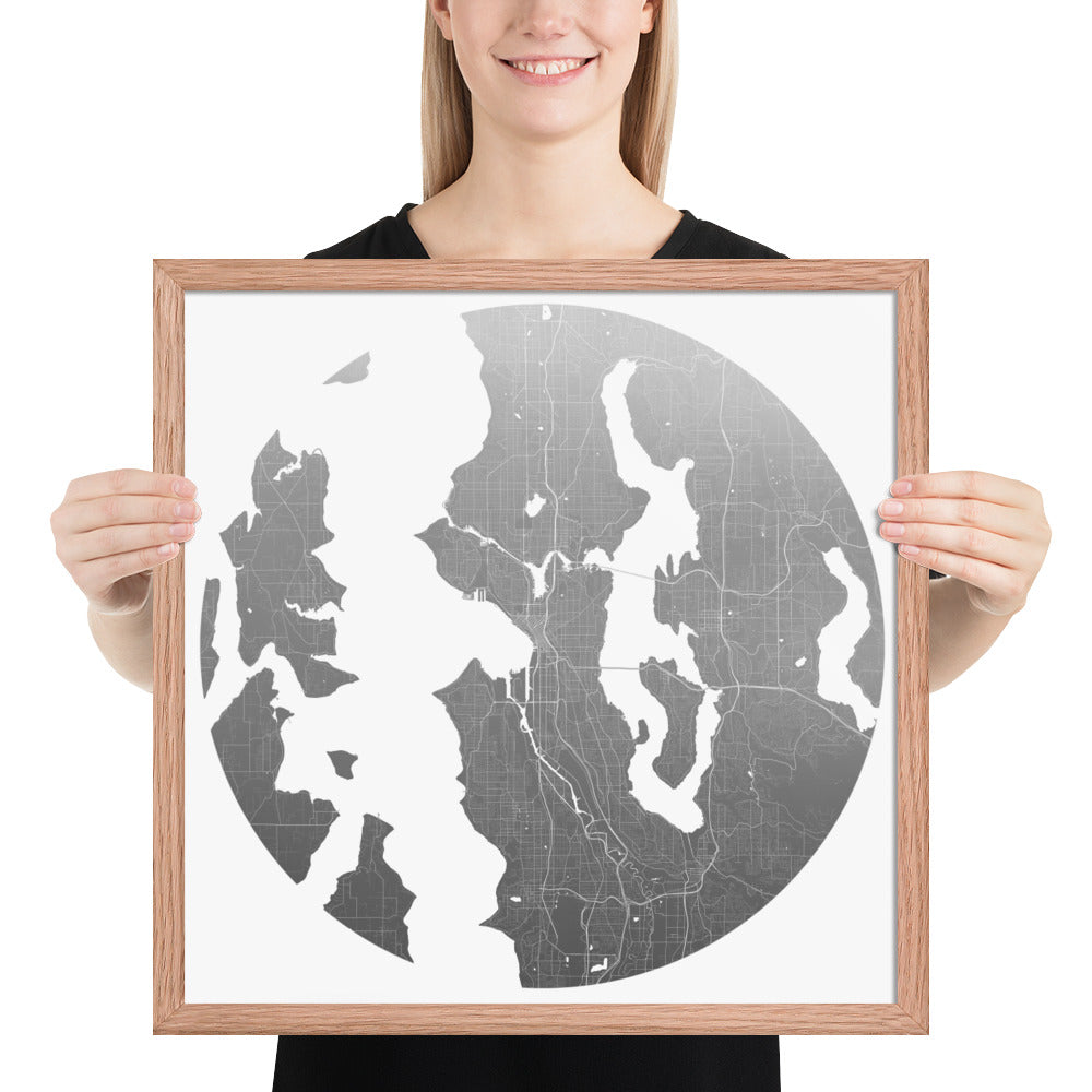 Seattle Silver on White Framed Map