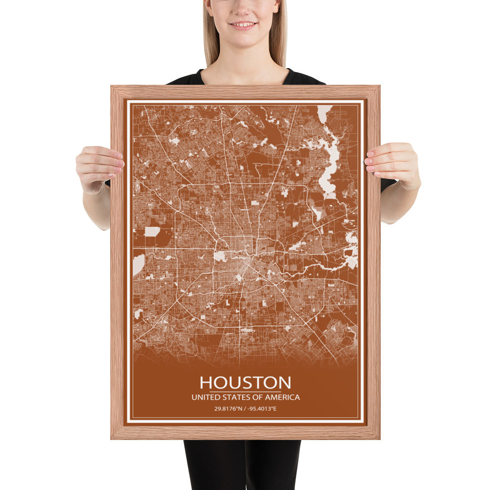 Houston Brown and White Framed Map
