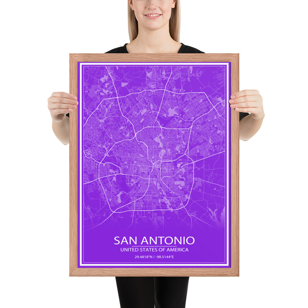 San Antonio Purple and White Framed Map