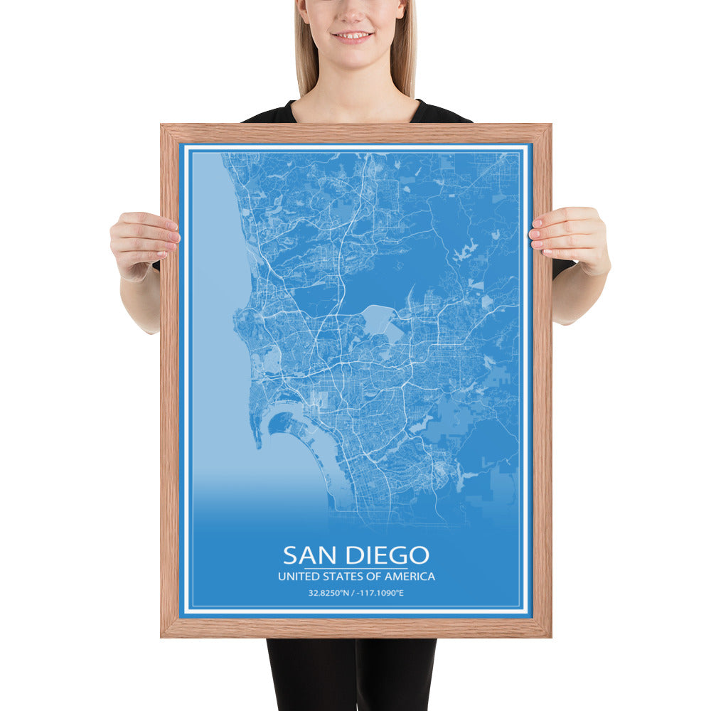 San Diego Blue and White Framed Map