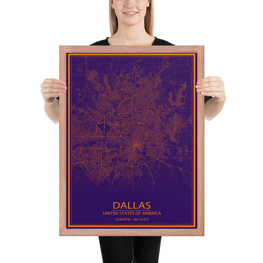 Dallas Purple and Orange Framed Map