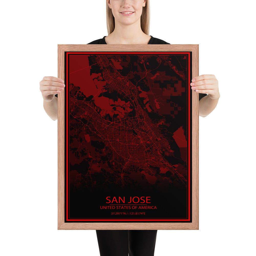 San Jose Black and Red Framed Map