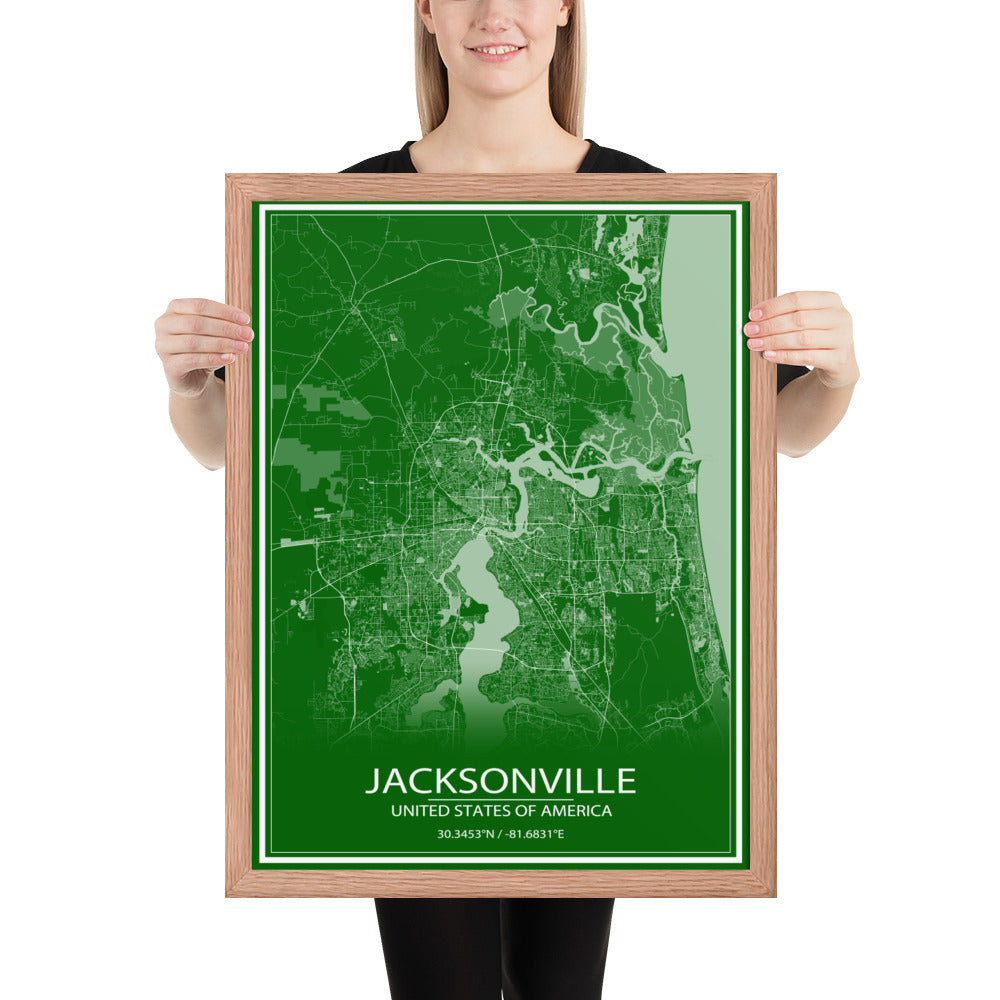 Jacksonville Green and White Framed Map
