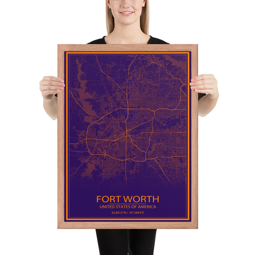 Fort Worth Purple and Orange Framed Map