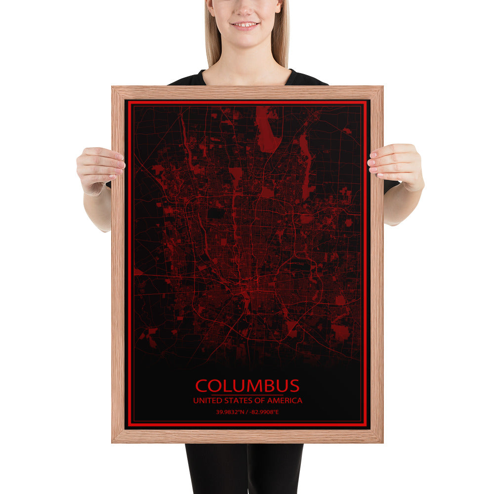 Columbus Black and Red Framed Map